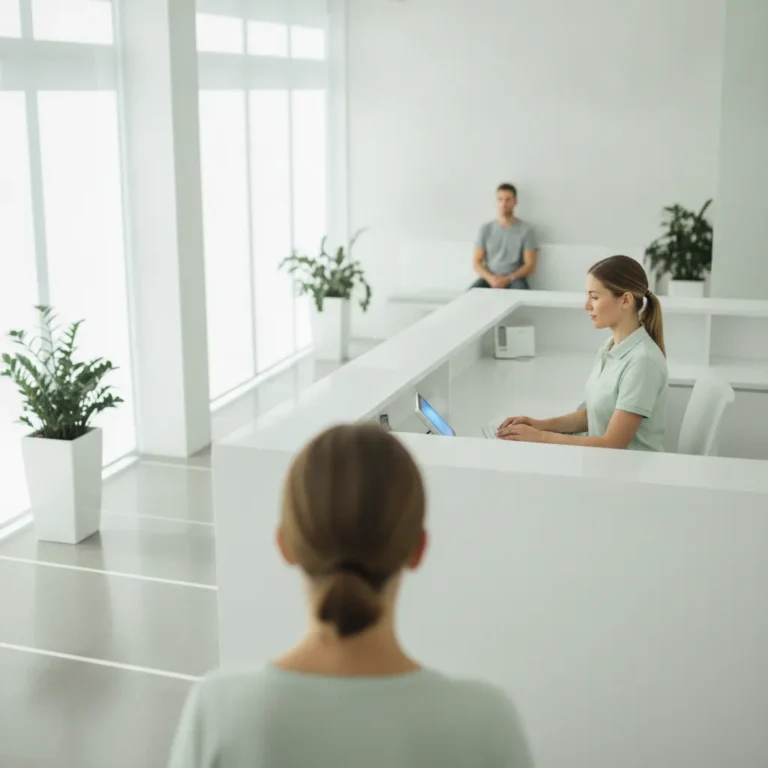 Bright physio clinic reception desk with phone and tablet, patient waiting behind