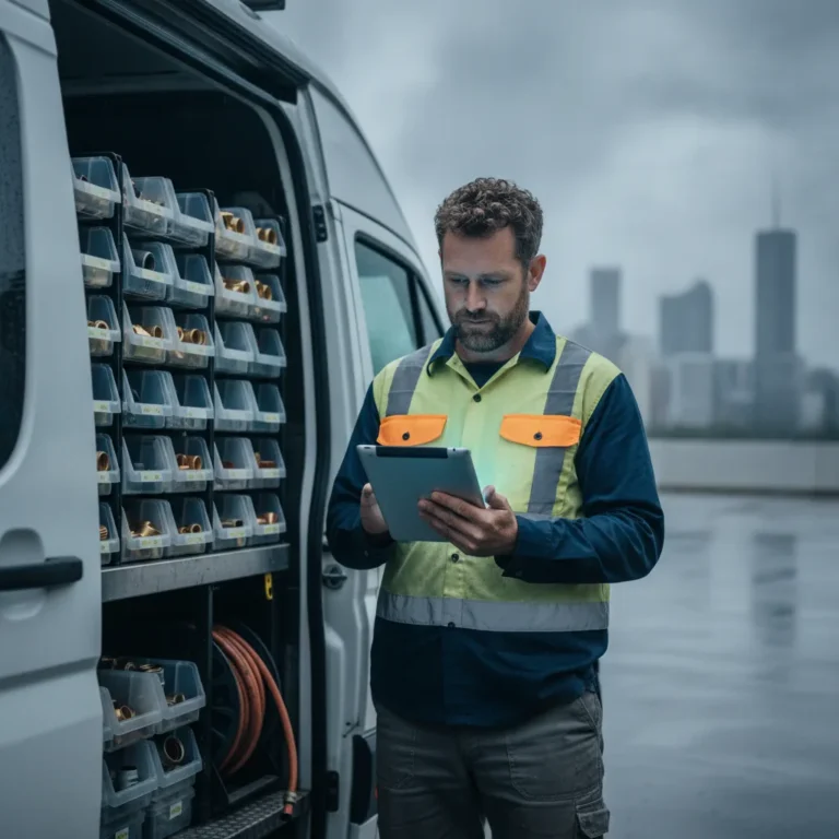 Plumber at an open work van checking a tablet on an overcast morning