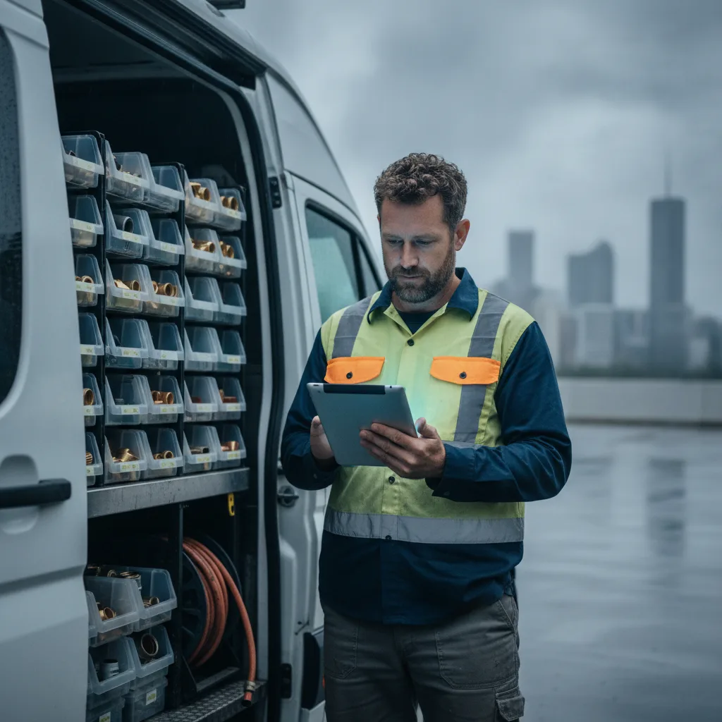 Plumber at an open work van checking a tablet on an overcast morning