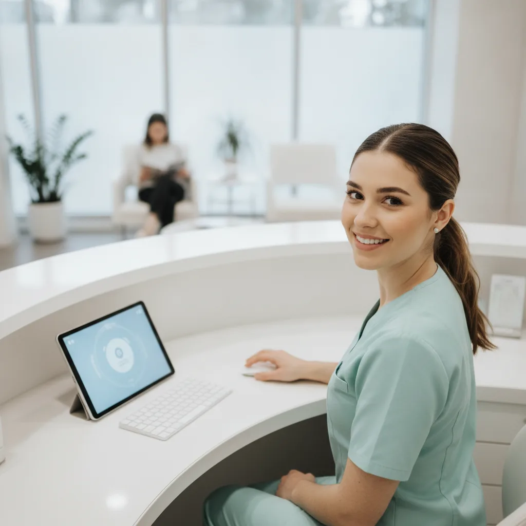 A dental clinic receptionist at the front desk with a glowing tablet beside her and a patient waiting behind