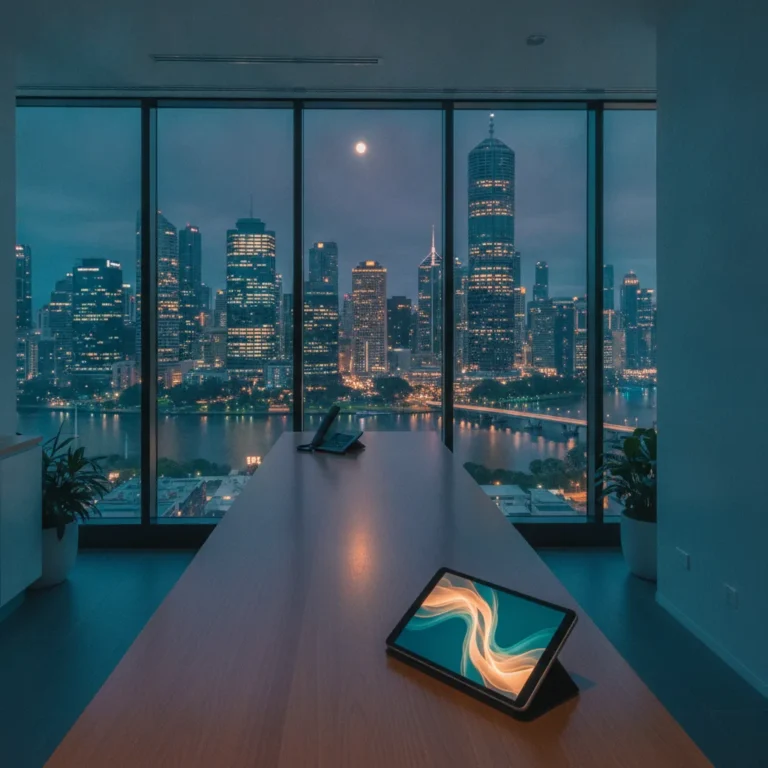 Empty clinic reception counter at night with a glowing tablet and Brisbane city lights beyond the window