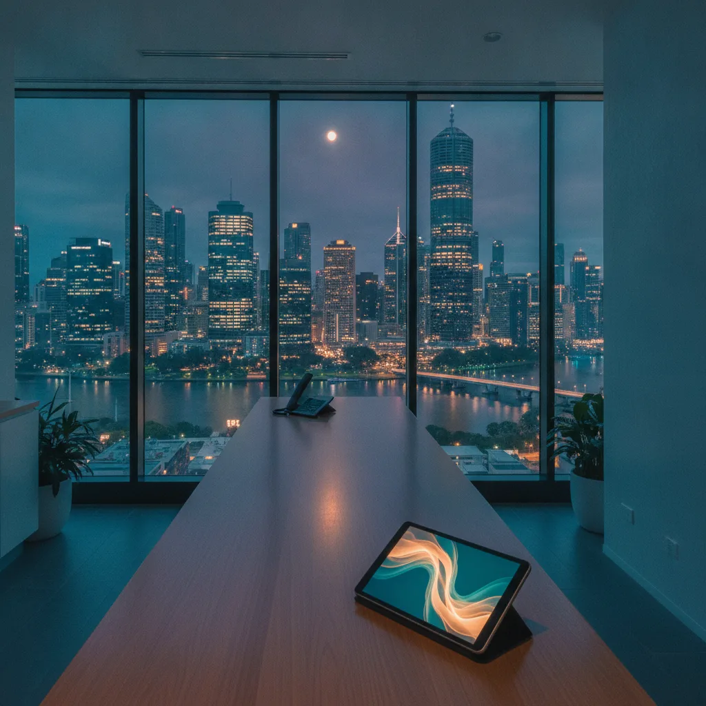 Empty clinic reception counter at night with a glowing tablet and Brisbane city lights beyond the window