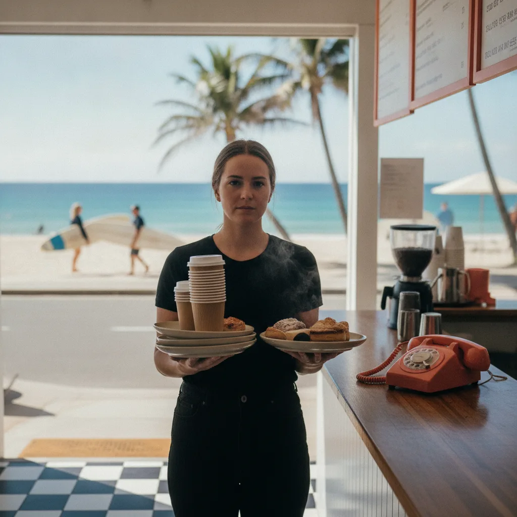 A busy Gold Coast cafe barista with full hands as a phone rings on the counter beside her