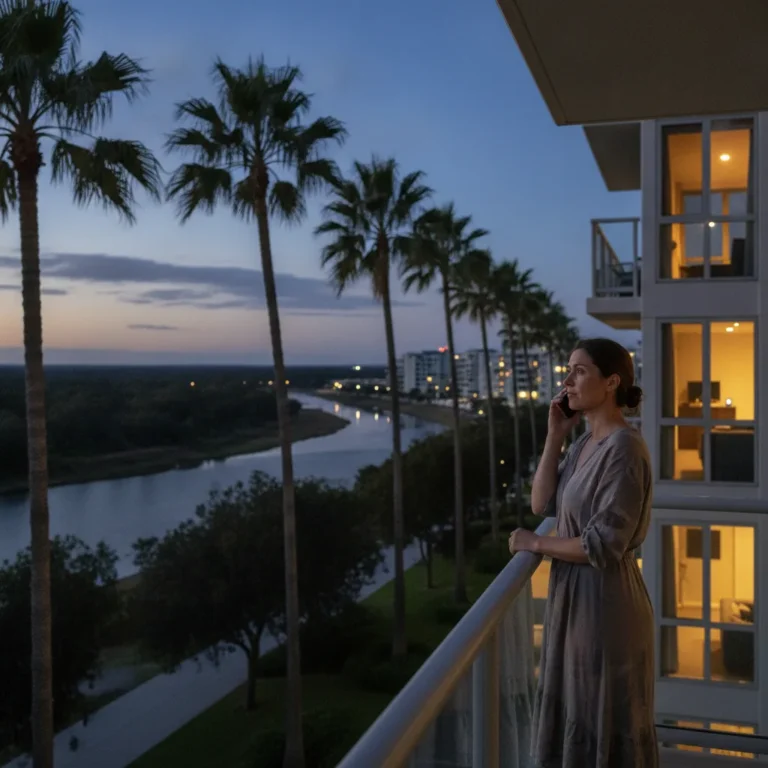 Woman makes a phone call on a balcony at dusk with palm trees behind her