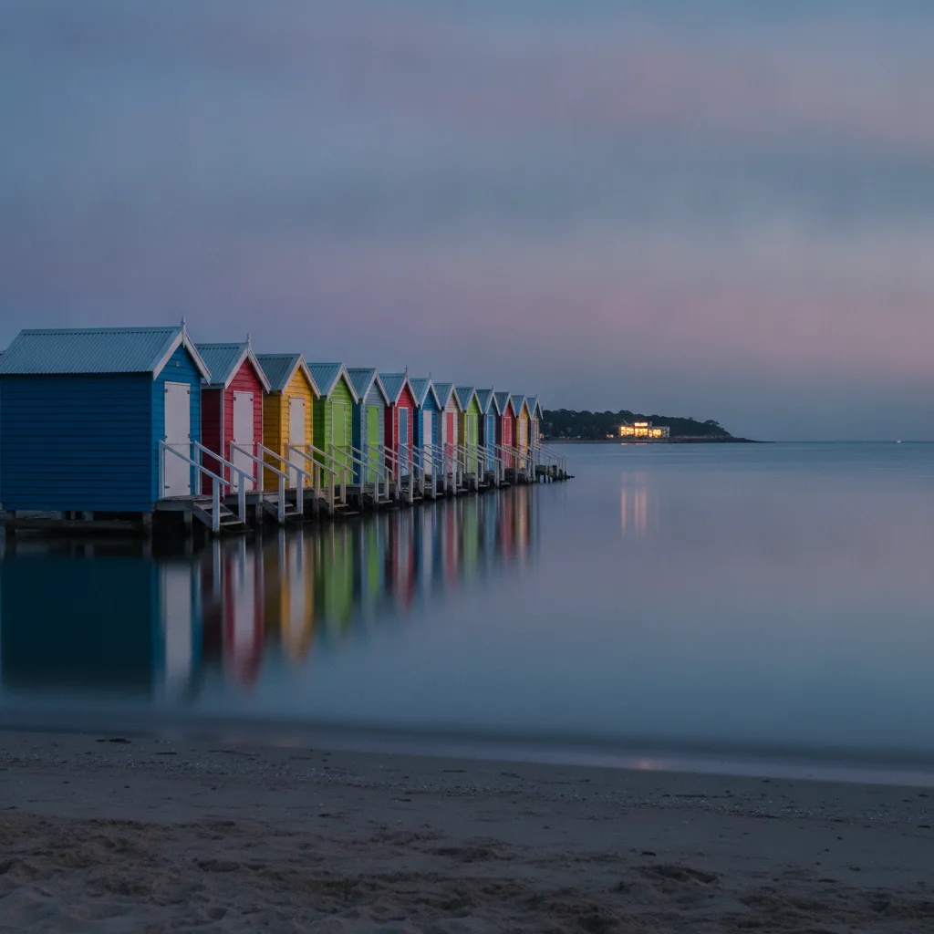 Colourful bathing boxes on a Melbourne bayside beach under a blue dusk sky
