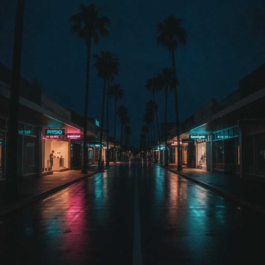 A Noosa coastal main street at night with glowing shopfronts and neon reflections on wet pavement