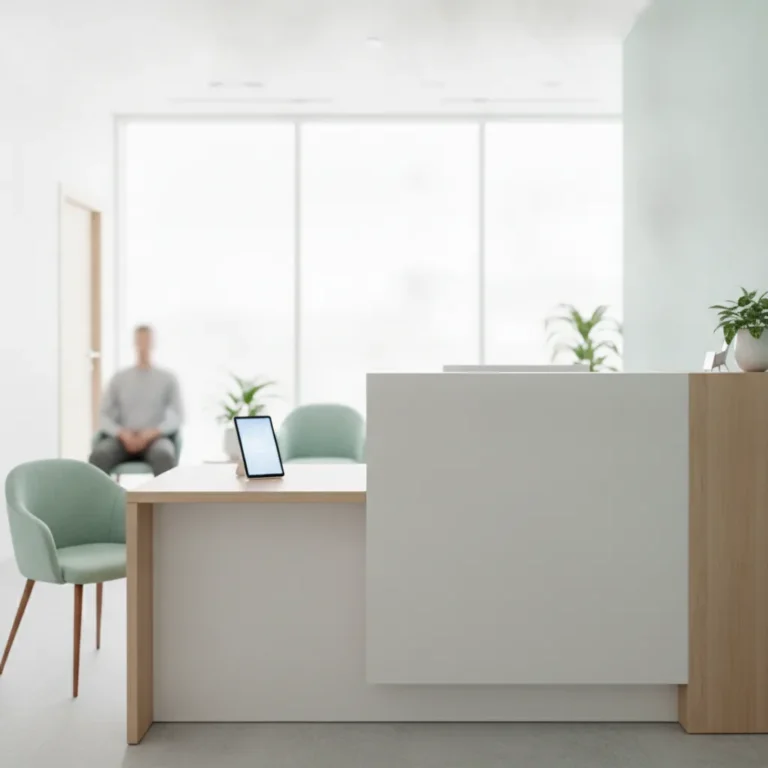 Bright physio clinic reception with a glowing phone on an empty front desk