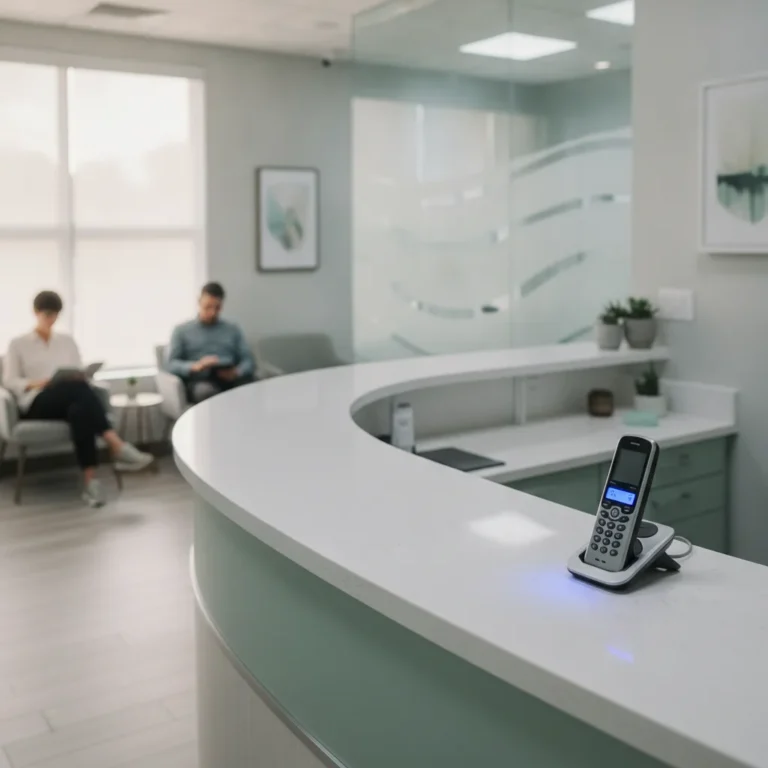 Quiet dental clinic reception desk with a lit phone and patients waiting in the background