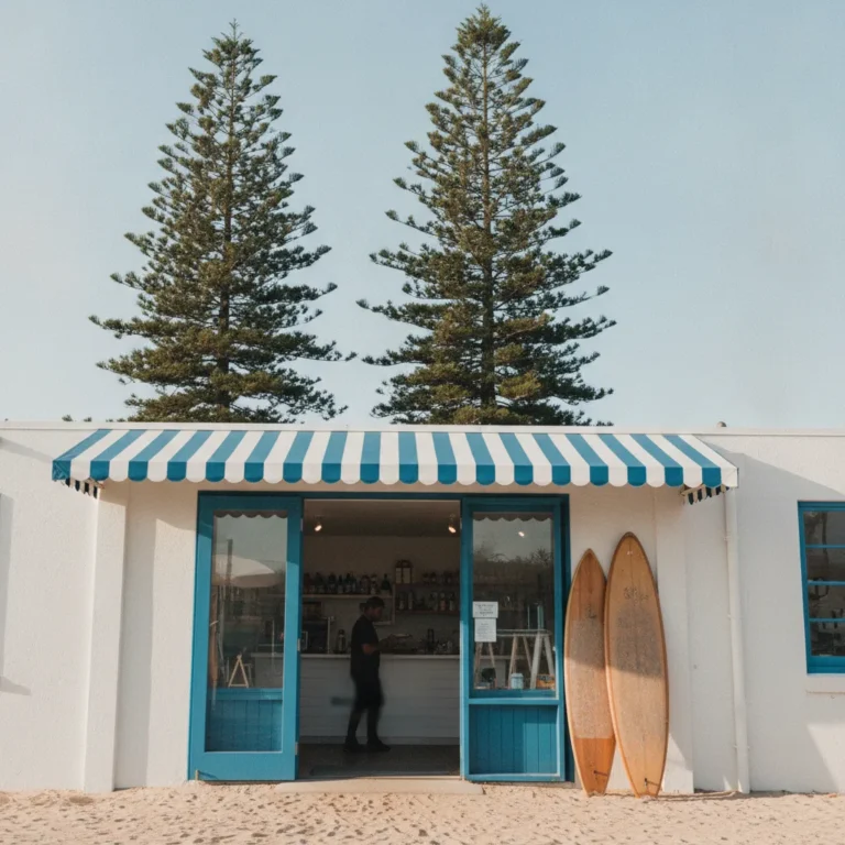 Small beachside shopfront with surfboards outside under a bright blue sky