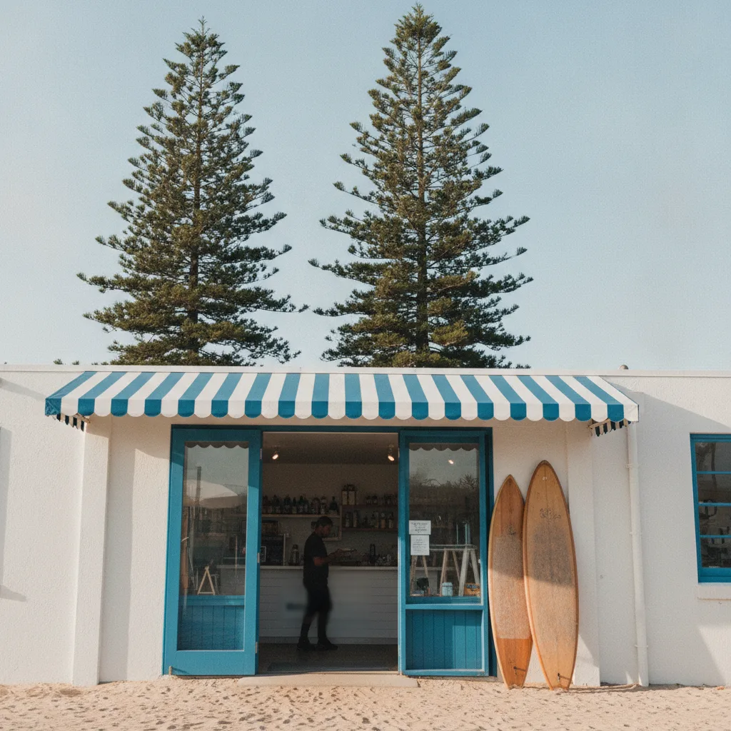 Small beachside shopfront with surfboards outside under a bright blue sky