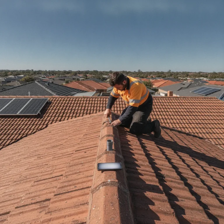Plumber working on a tiled roof with a phone glowing beside him