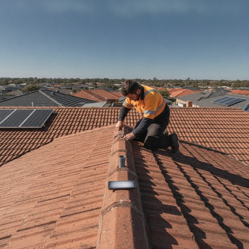 Plumber working on a tiled roof with a phone glowing beside him