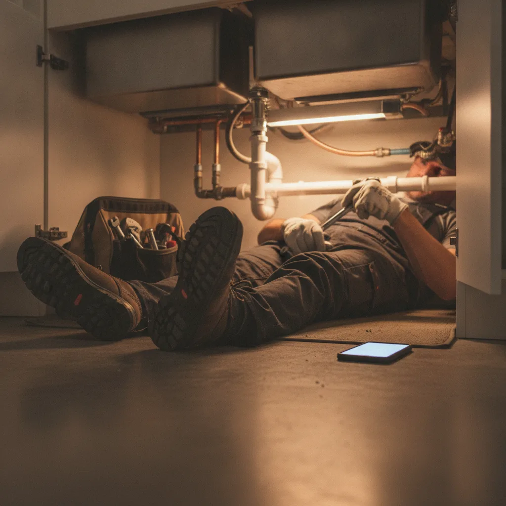 Plumber working under a kitchen sink with a phone glowing on the floor beside him