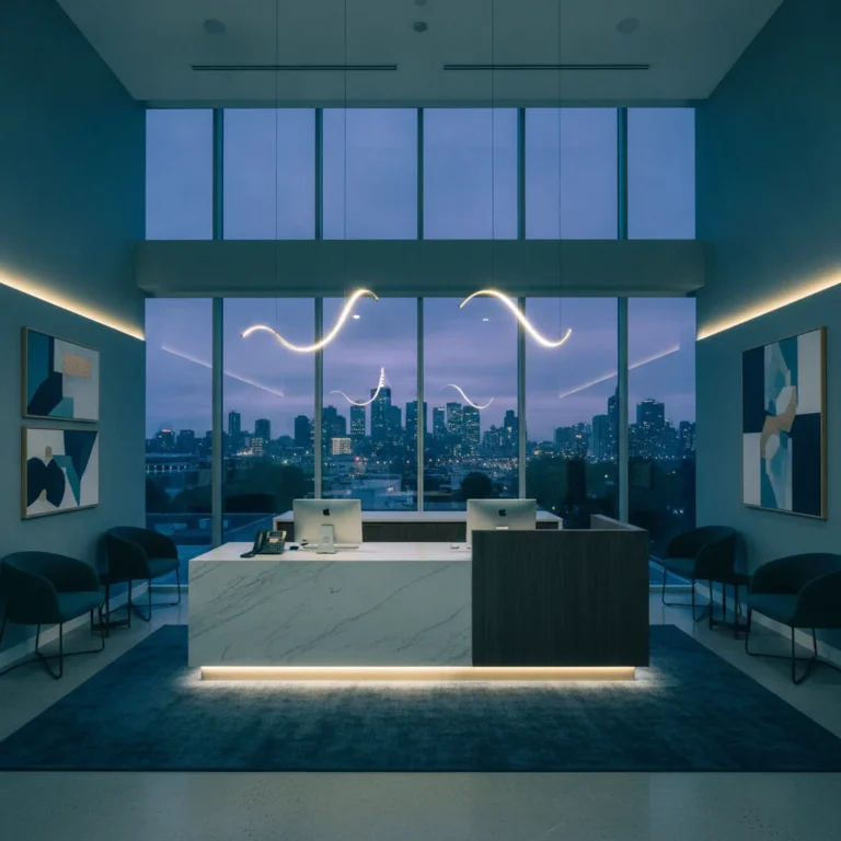 Empty dental clinic reception desk at blue dusk with city lights through the windows