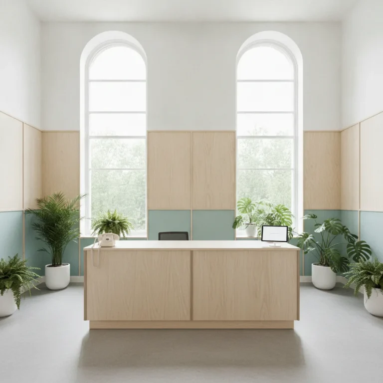 Bright physio clinic reception desk with a phone handset beside a glowing tablet