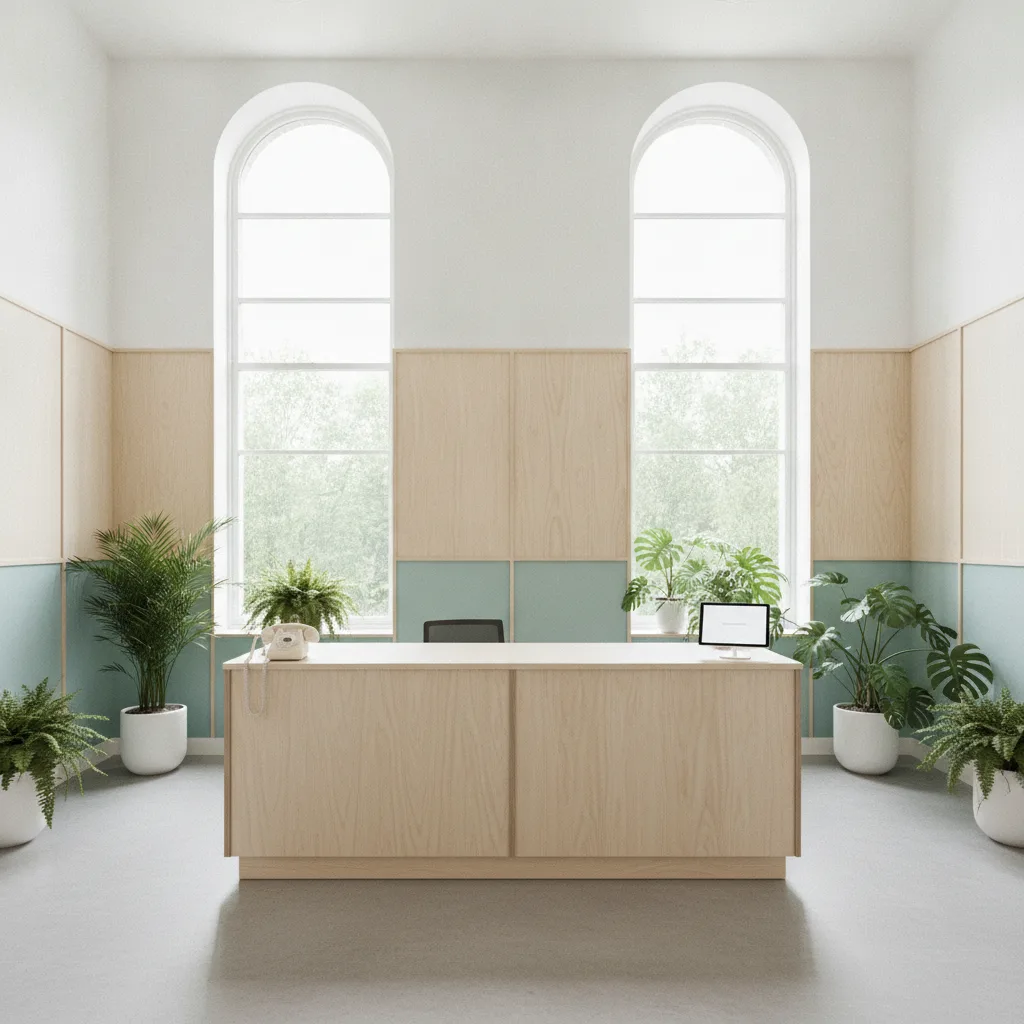 Bright physio clinic reception desk with a phone handset beside a glowing tablet