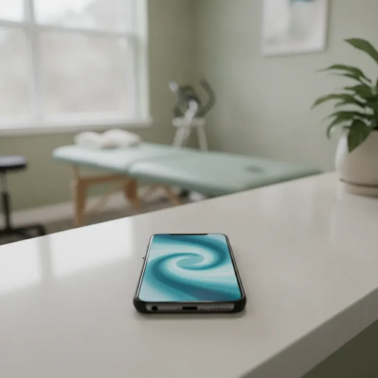 Smartphone with a glowing soundwave screen on a clinic reception counter