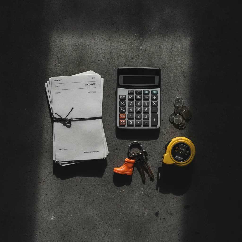 Overhead view of a calculator, invoices, ute keys and tape measure on a dark concrete bench