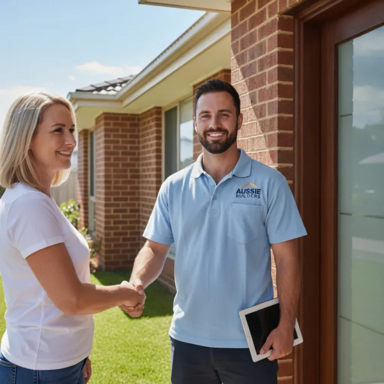Tradie shaking hands with a homeowner at a sunny front door