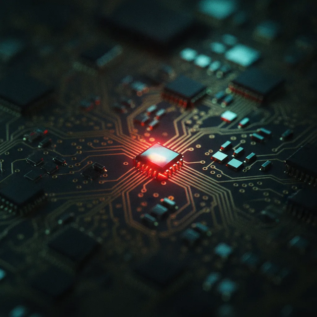 Macro view of a circuit board with a single glowing red trace in a dark, moody scene