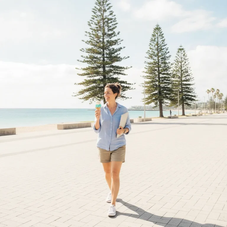 Business owner walking along a sunny coastal esplanade with a closed laptop