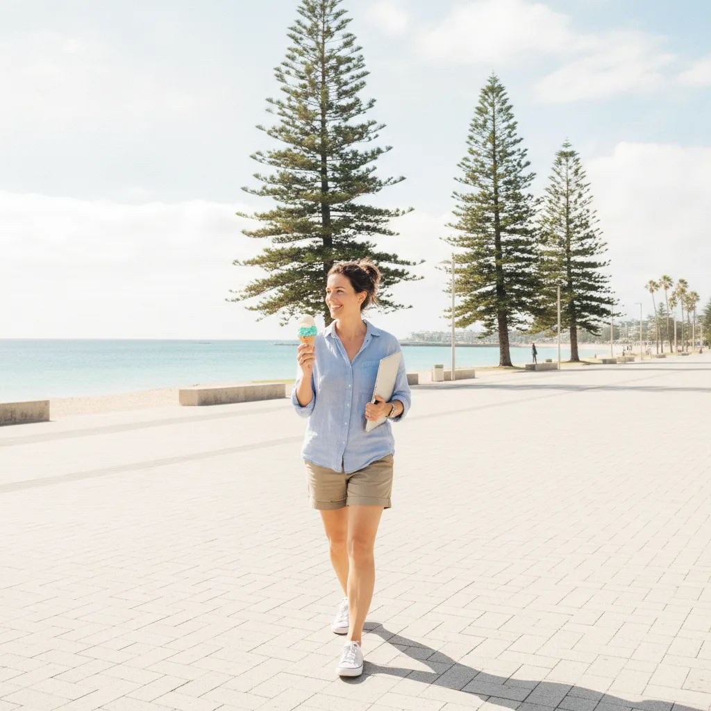Business owner walking along a sunny coastal esplanade with a closed laptop