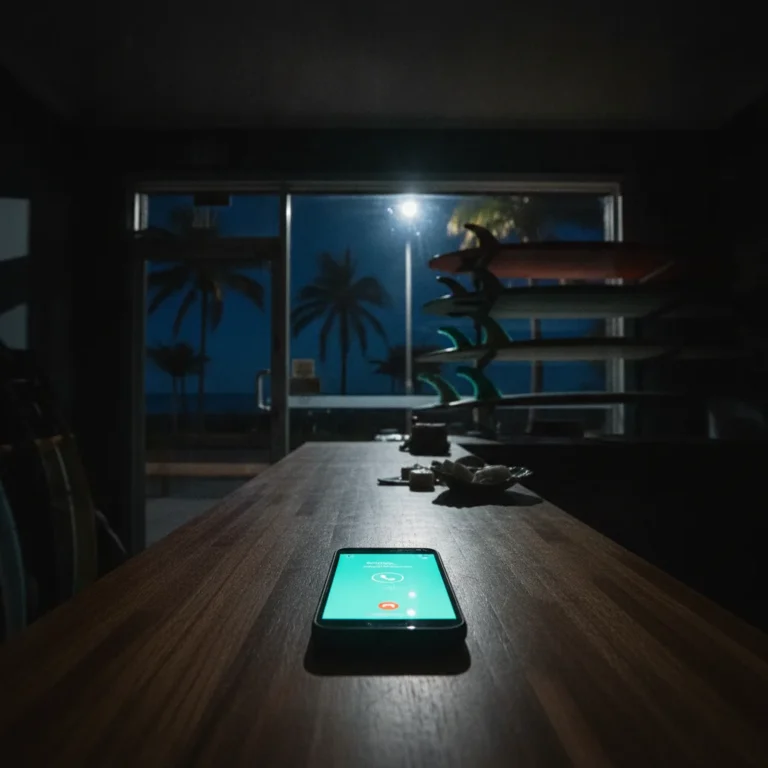Phone lighting up with an incoming call on the counter of a closed surf shop at night