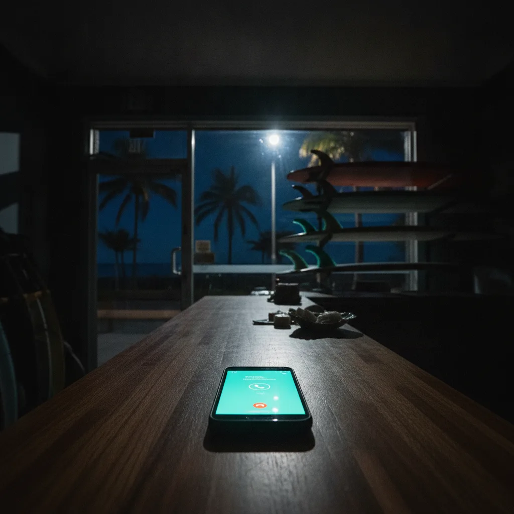 Phone lighting up with an incoming call on the counter of a closed surf shop at night