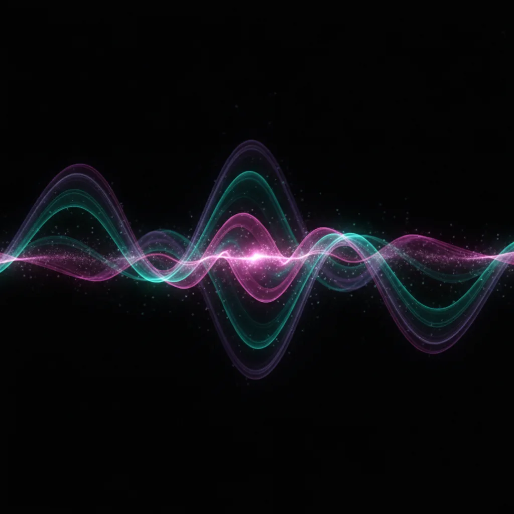 Glowing teal and magenta sound wave ribbons flowing through a dark space