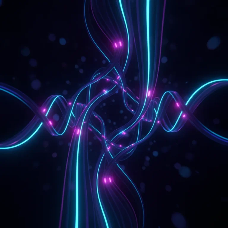 Glowing ribbons of light and nodes flowing through a dark space in indigo and magenta