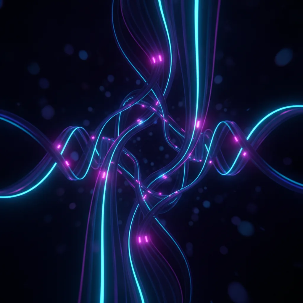 Glowing ribbons of light and nodes flowing through a dark space in indigo and magenta
