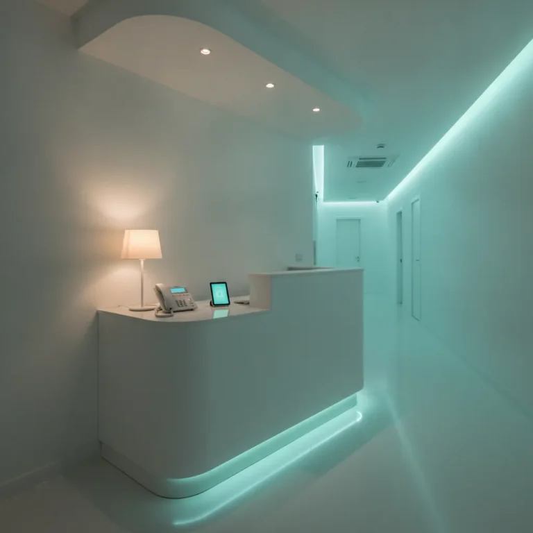 Dental clinic reception desk at night with a glowing phone and tablet and no one at the desk