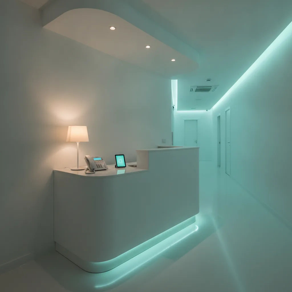 Dental clinic reception desk at night with a glowing phone and tablet and no one at the desk