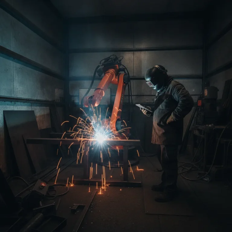 Robotic arm welding with sparks in a workshop while a worker checks a tablet nearby