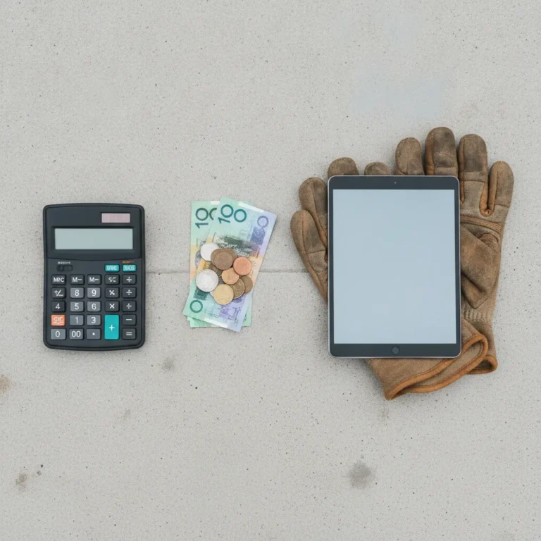 Flat-lay of a calculator, cash, work gloves and a tablet on a concrete bench