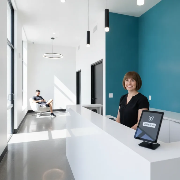 A receptionist and a check-in tablet side by side at a modern physio clinic desk