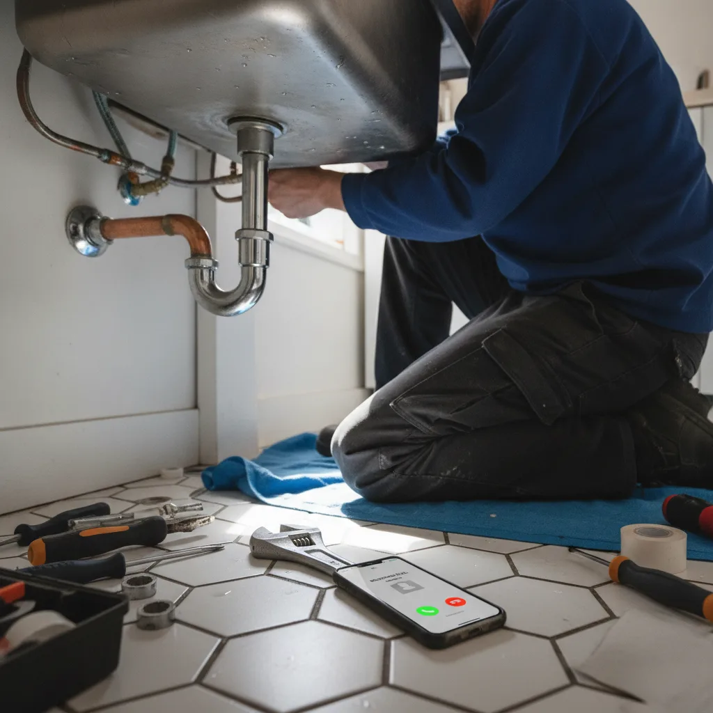 Plumber working under a sink while a phone rings unanswered on the floor