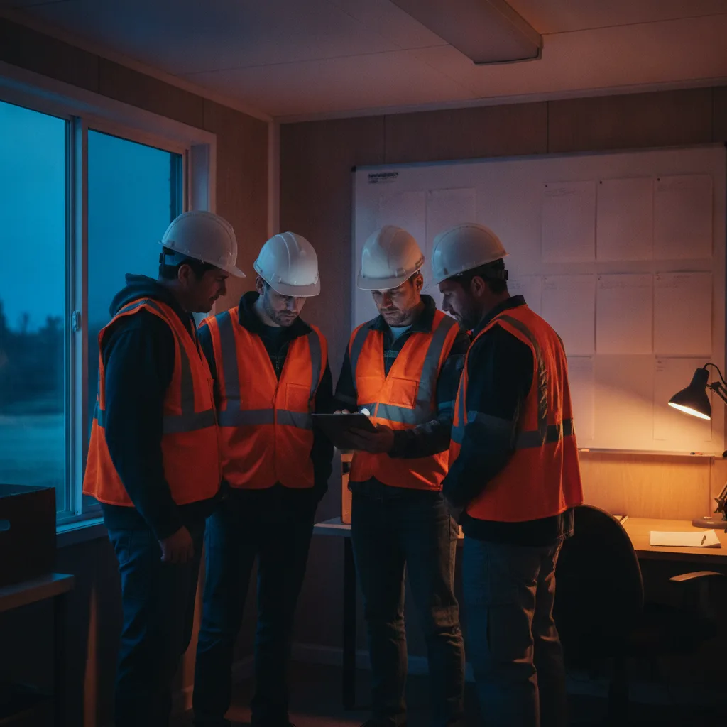 Builders and a manager in a standing huddle around a tablet in a site office at dusk