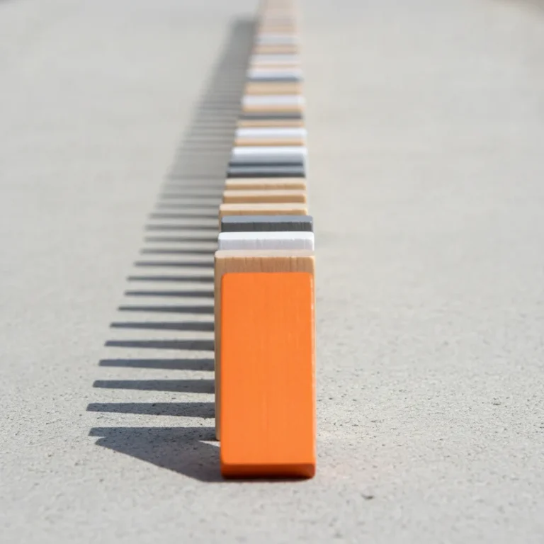 A line of dominoes with the first one tipping on a pale concrete surface in bright daylight