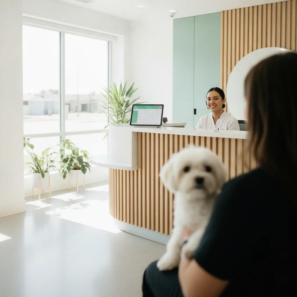 Smiling receptionist with headset greeting a customer with a dog at a vet clinic