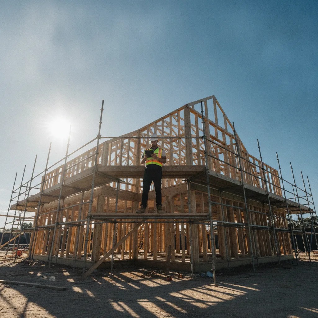 Builder in hi-vis on scaffolding around a timber-framed house holding a tablet