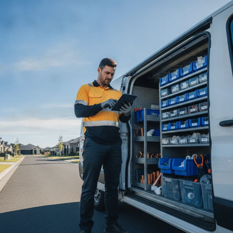 Plumber beside an open work van checking a tablet on a sunny suburban street