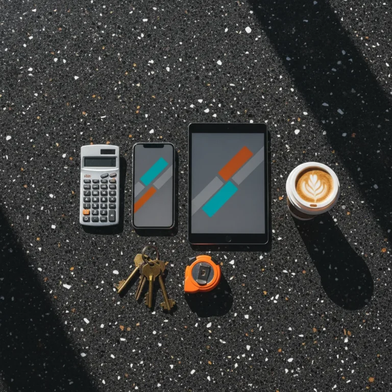 Flat-lay of phone, tablet, calculator, keys and coffee on a dark terrazzo surface