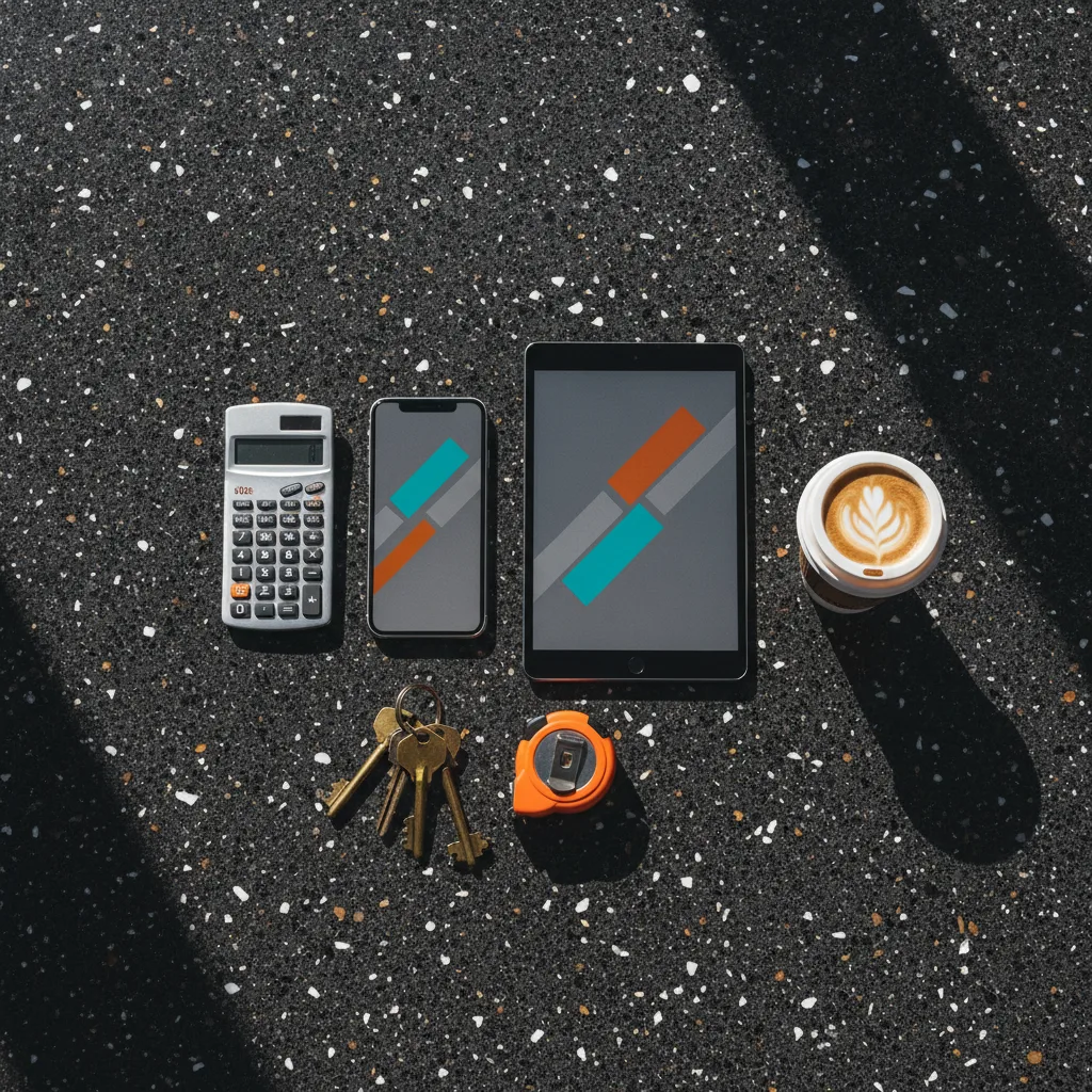 Flat-lay of phone, tablet, calculator, keys and coffee on a dark terrazzo surface