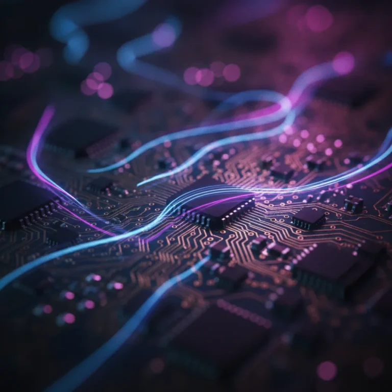 Macro of a circuit board with glowing violet and blue light trails representing data