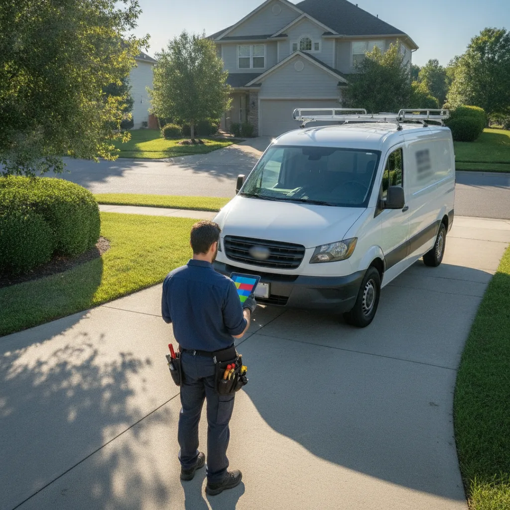 Plumber beside a white van checking a tablet in bright morning sun