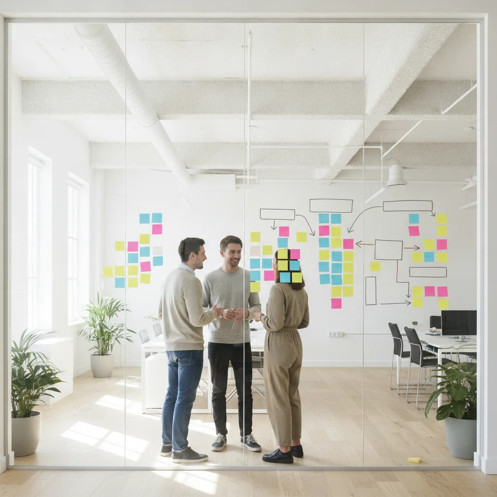Team standing in a huddle at a glass wall of sticky notes and arrows in a bright office