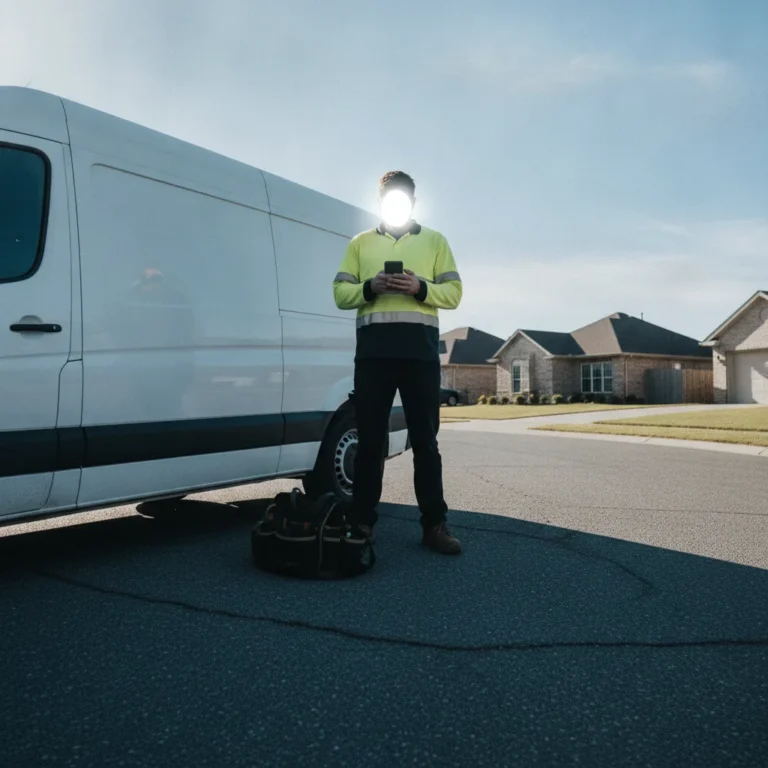 Plumber in hi-vis checking his phone beside a work van on a sunny street