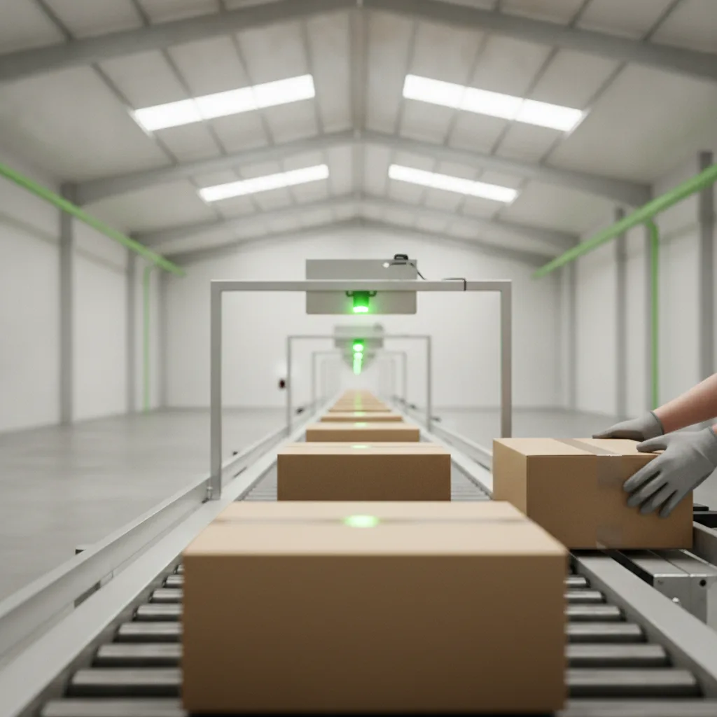 Parcels travelling in a line along a warehouse conveyor belt under bright light
