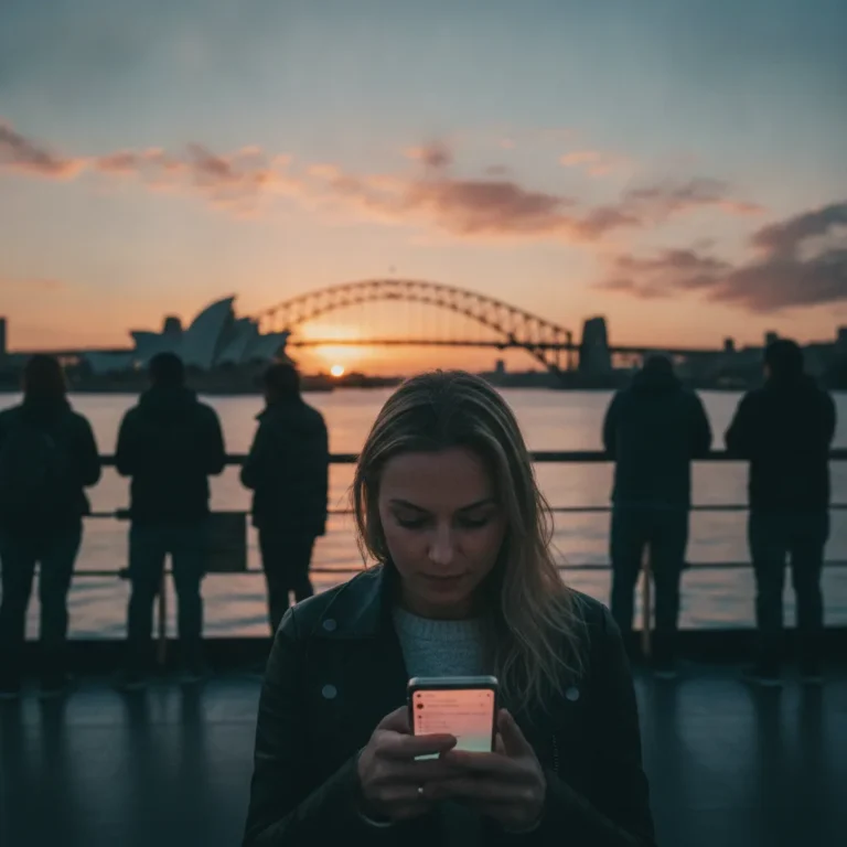 Commuter scrolling a phone on a Sydney ferry at sunrise with the harbour behind